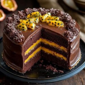 Bolo de chocolate com mousse de maracuja