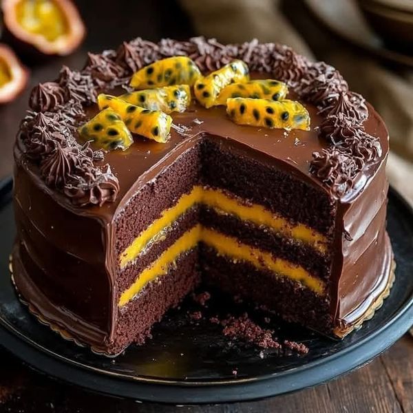 Bolo de chocolate com mousse de maracuja